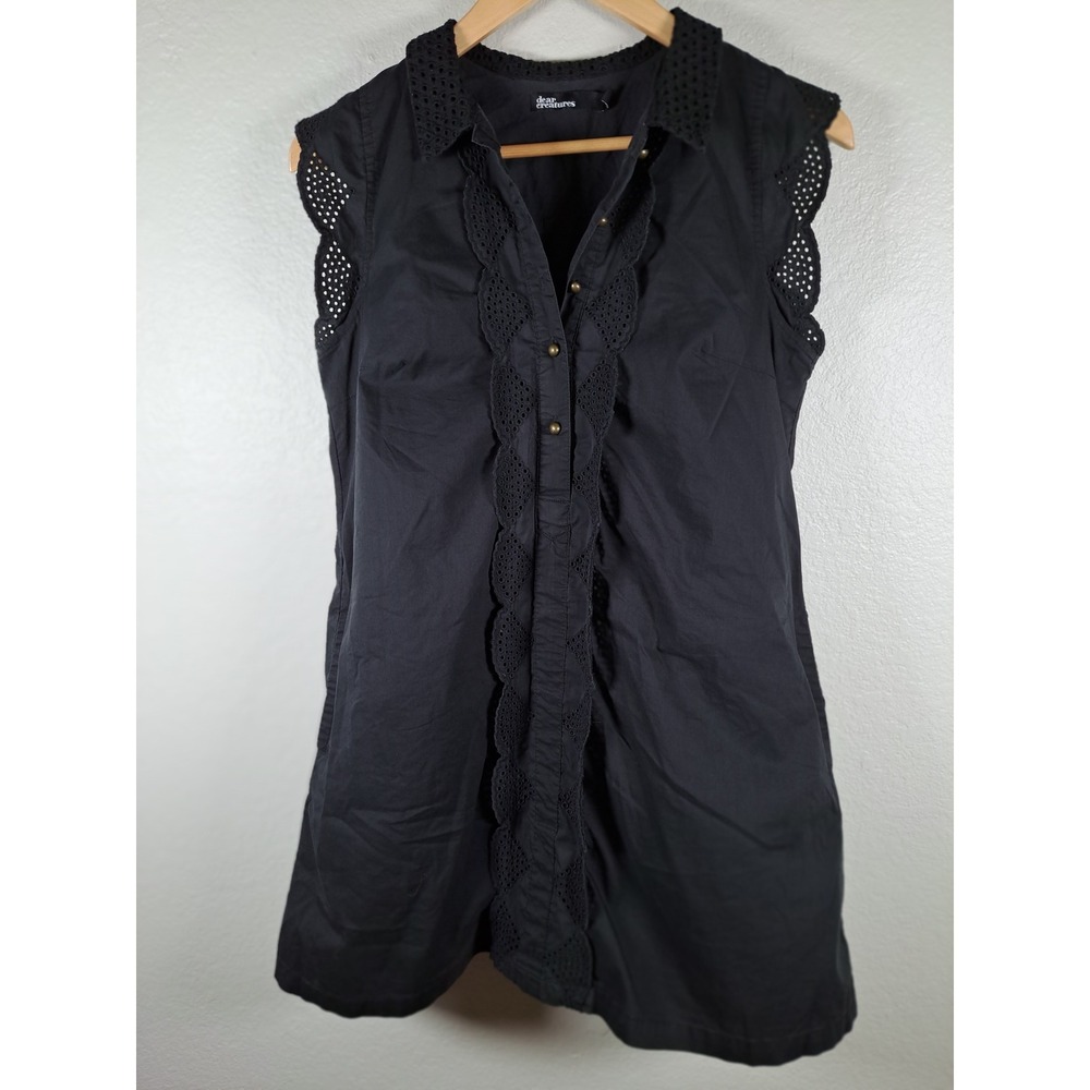 Dear Creatures Black Eyelet Lace Trim Sleeveless Button Front Shift Dress Small